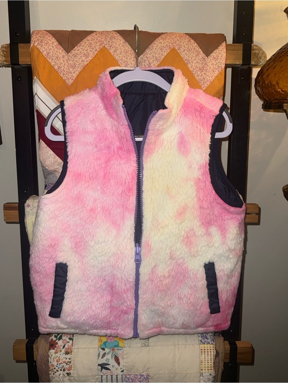 Source Unknown Reversable Pink and Cream Faux Fur/Navy Kids Vest